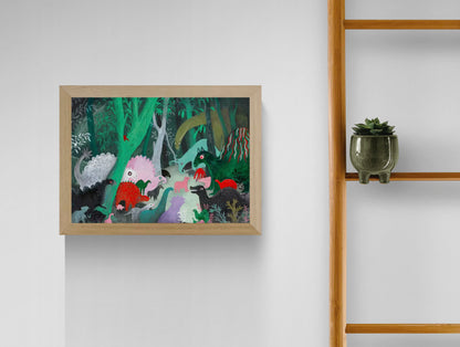 Whimsical dinosaur illustration art print by Louise de Meester showing colorful prehistoric animals in a dense jungle landscape with textured painterly style.