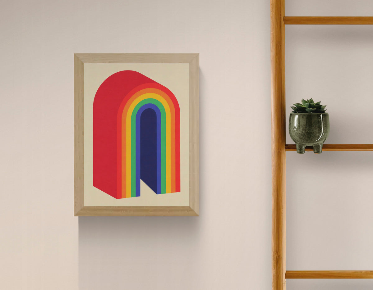 Rainbow by PTRVRKD, a vertical A4 risograph print featuring layered geometric arches in red, orange, yellow, green, blue and indigo on a cream background. Retro-inspired wall art for modern interiors.
