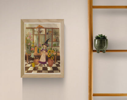 Mandrake by Lena Yampolski, whimsical witchcore illustration featuring a magical botanical apothecary filled with plants, mandrakes, potions, flowers, and fantasy creatures in warm earthy tones. Vertical A4 Giclée wall art for cozy home decor.