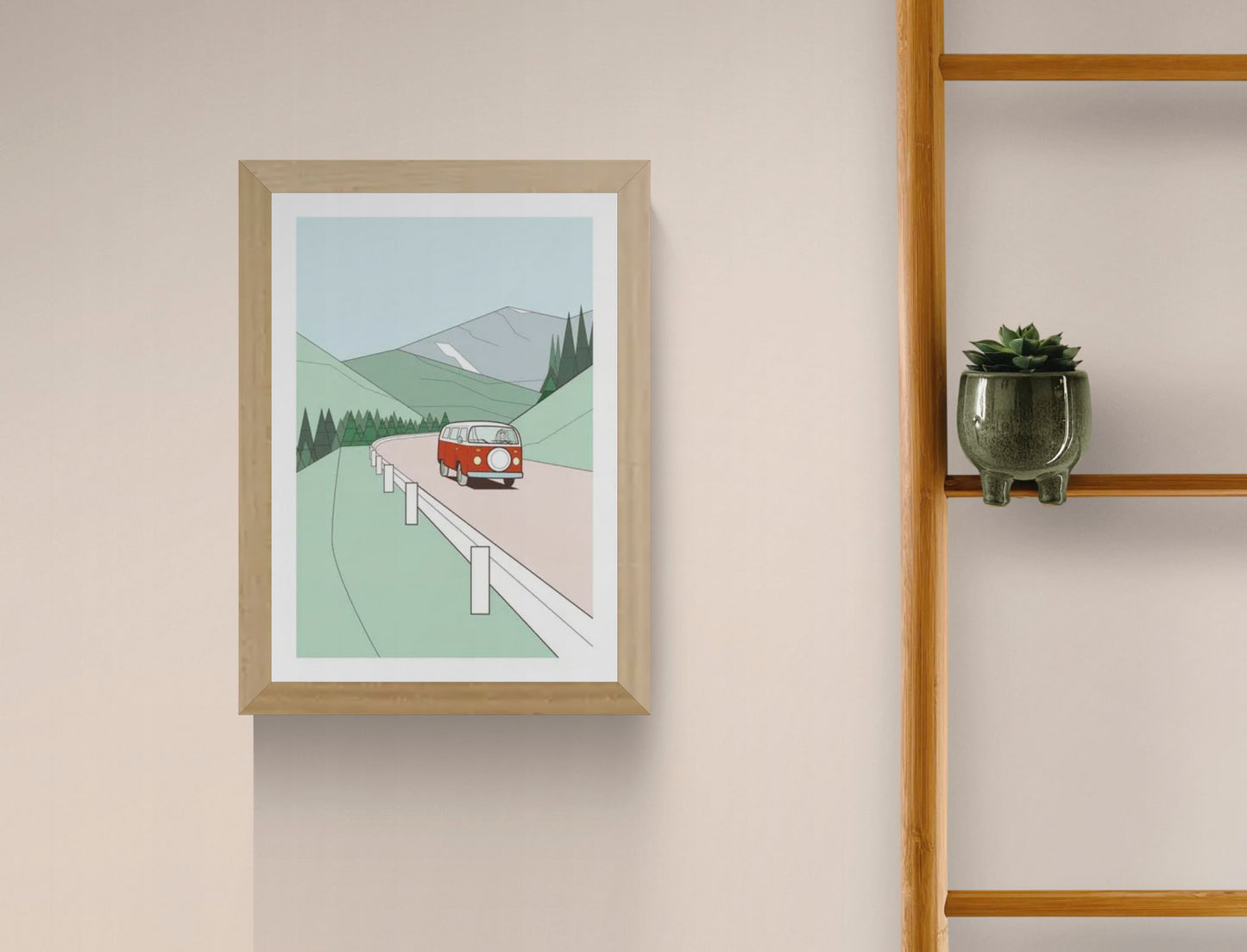 Minimalist art print of a red vintage van driving through green hills with pine trees and mountains in the background – travel-themed illustration by Floor 4 Productions