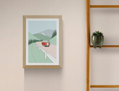 Minimalist art print of a red vintage van driving through green hills with pine trees and mountains in the background – travel-themed illustration by Floor 4 Productions