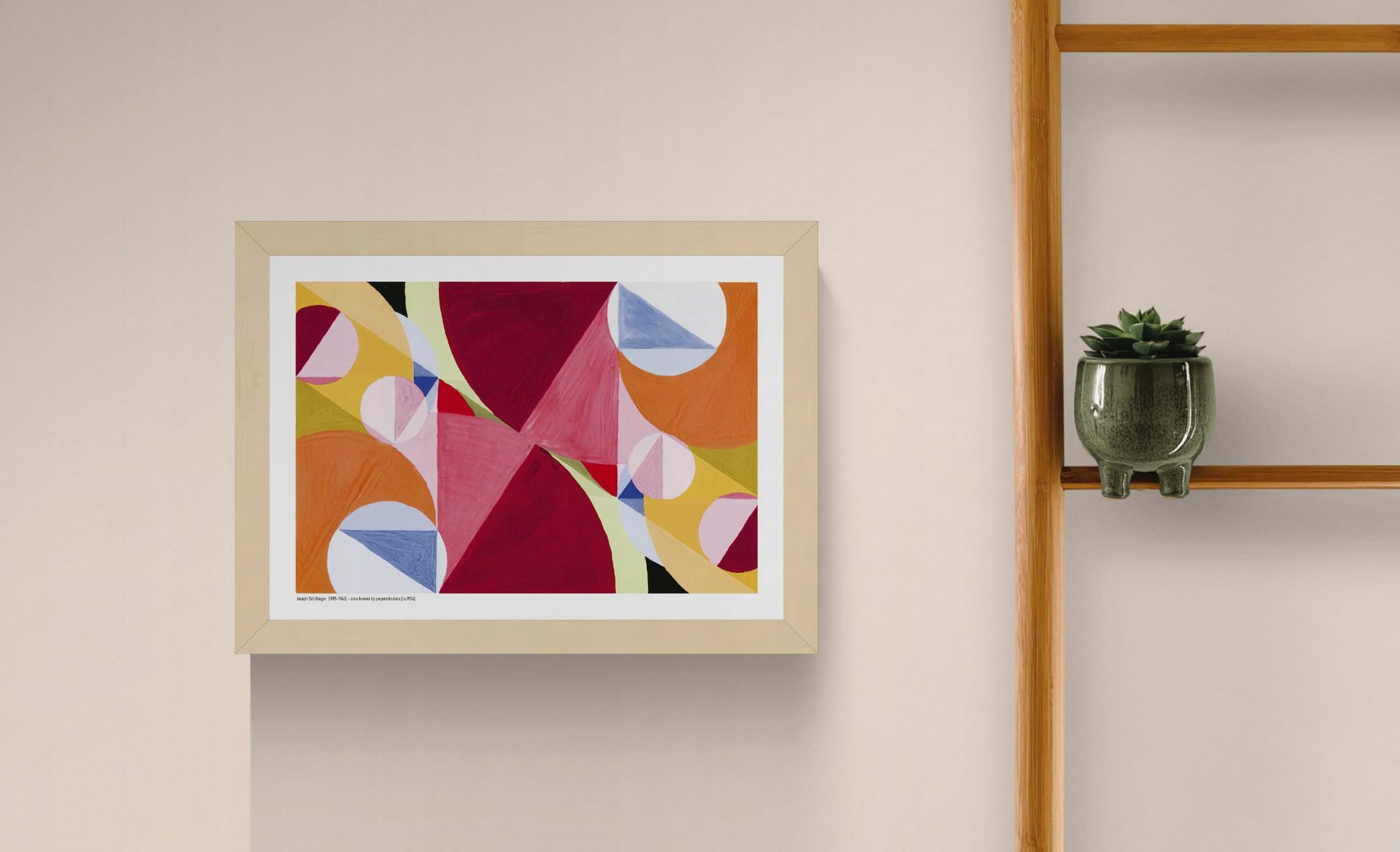 Horizontal abstract digital art print by Joseph Schillinger with overlapping geometric shapes in red, pink, orange, yellow, blue and green, ideal as colourful wall art for modern living rooms or offices.