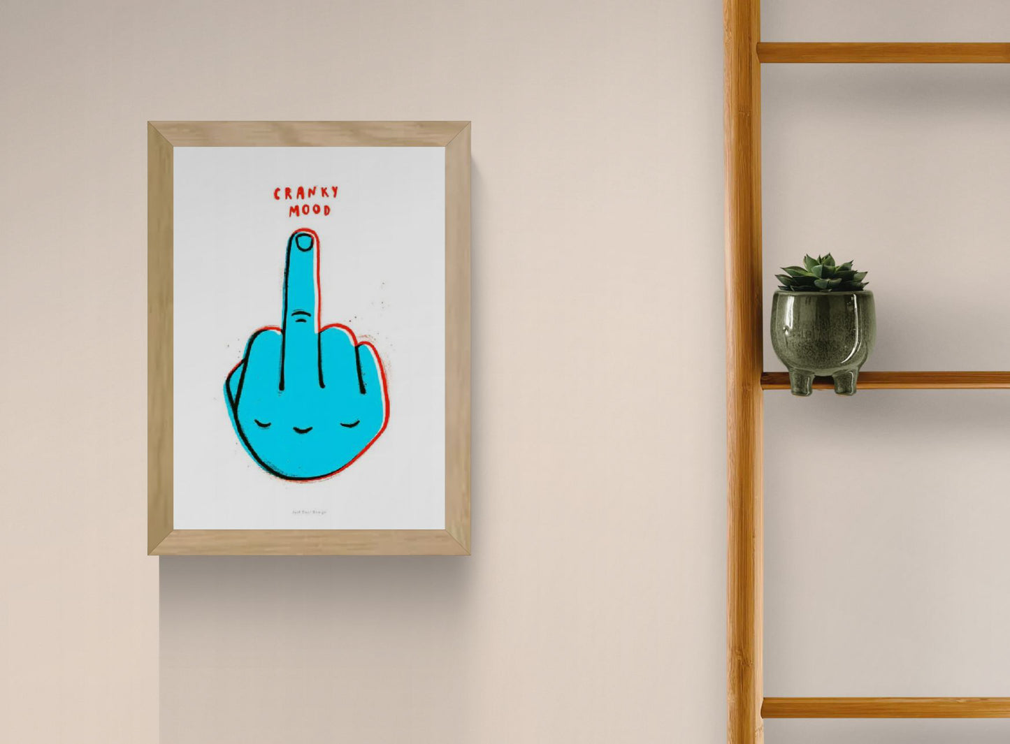 A4 giclée art print “Cranky Mood” by Just Cool Design, bold blue graphic illustration with humorous pop art style, modern wall art for playful interiors.