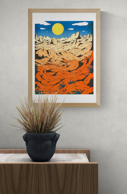 Landscape risograph art print by Floor van het Nederend showing an orange rocky desert beneath a yellow sun and deep blue sky, in a bold retro graphic style and vertical format for colourful wall decor.