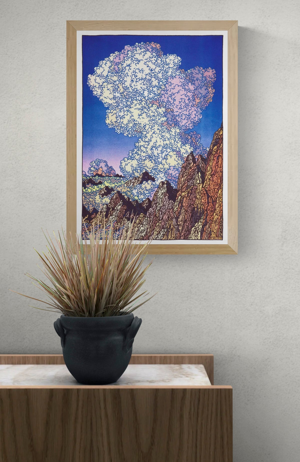 Les Dents Du Midi by Clément Vuillier, vertical risograph art print showing jagged alpine mountains beneath enormous cream and pink clouds against a deep blue sky, bold wall art for modern interiors.