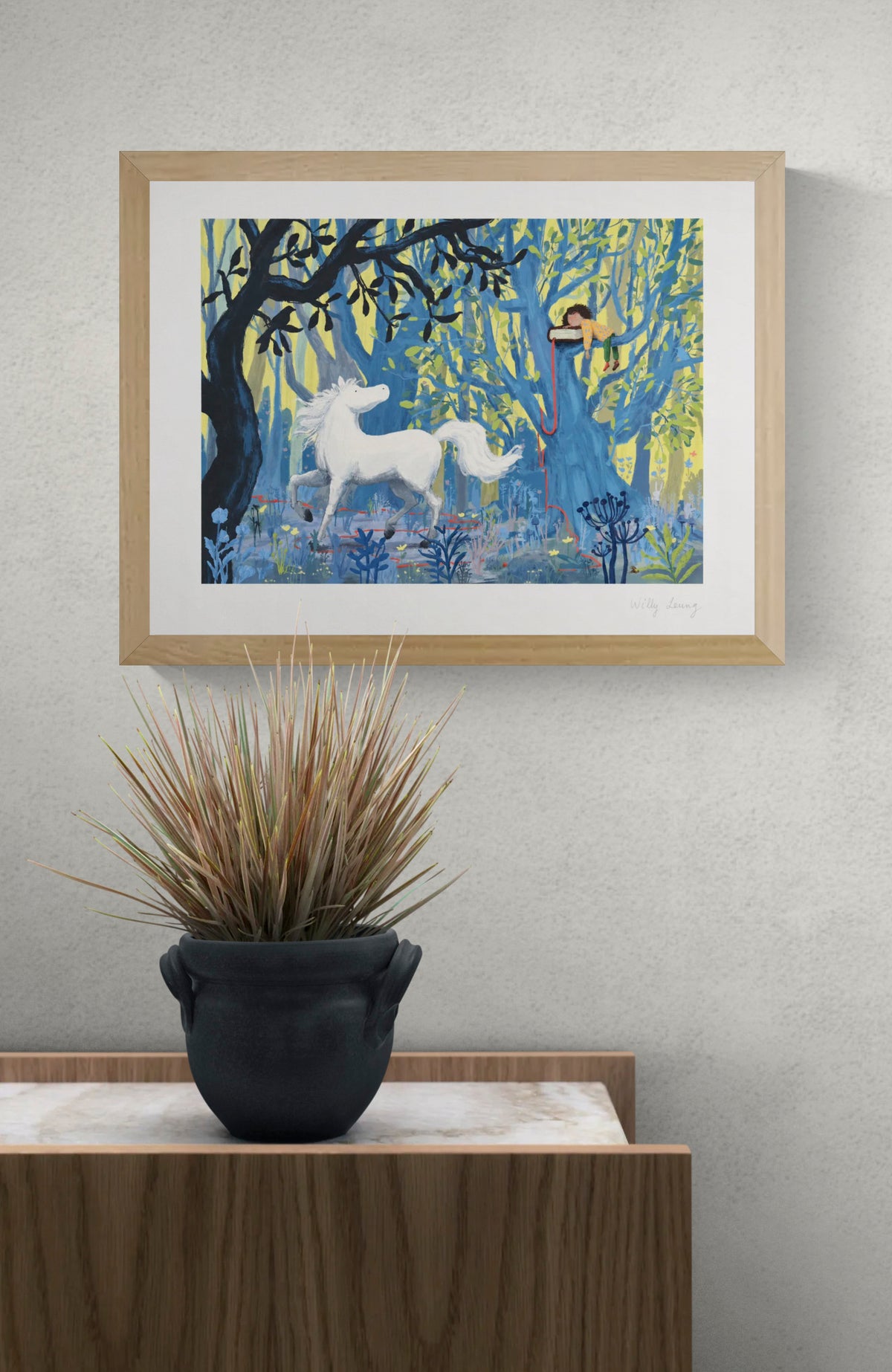 Year of the Horse by Willy Leung, giclée print showing a white horse in a blue, green and yellow forest beneath a sleeping figure, whimsical wall art for bedrooms and creative interiors.