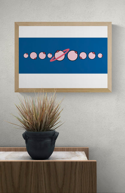 Solar by Studio Stoutpoep, horizontal digital art print showing pink illustrated breasts arranged like a solar system on a deep blue background, playful contemporary wall decor.