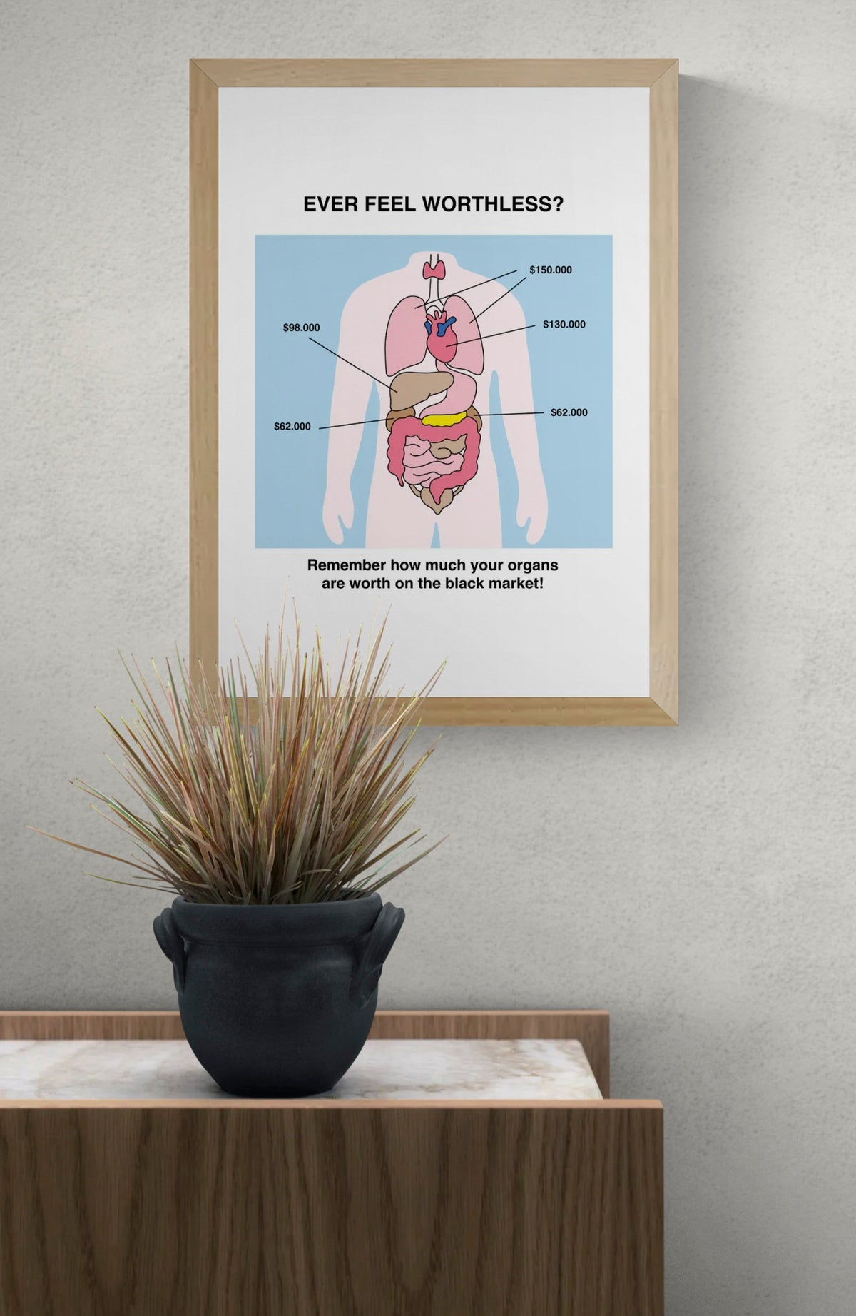 Worthless by Studio Stoutpoep is an A3 digital art print with dark humor and bold color, ideal as playful wall art and quirky home decor.
