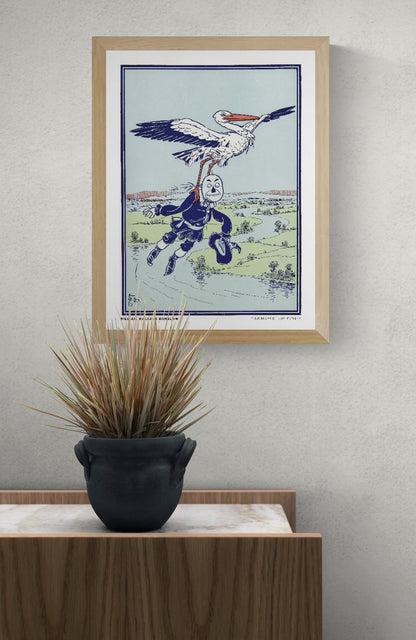Vintage storybook illustration by William Wallace Denslow showing a large stork carrying a masked figure above a landscape, in pale blue, green, navy and orange. Vertical digital wall art print.