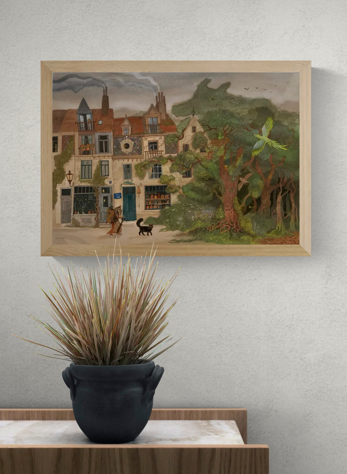 Whimsical forest and Brussels streetscape illustration by Lena Yampolski featuring historic townhouses, enchanted trees, birds, woodland creatures, and folklore-inspired details in soft green and earthy tones. Giclée wall art print for cozy home decor.