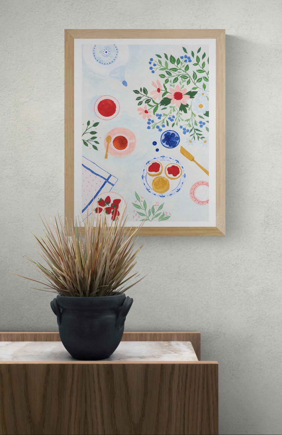 Breakfast Garden art print by Leens featuring floral branches, tea cups, strawberries, blueberry bowls, and breakfast details in soft pastel colours on a light background, A3 digital illustration for cozy kitchen wall decor.