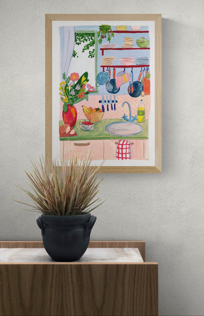 Colorful illustration of a cozy kitchen interior with plants, dishes, hanging utensils, flowers, and soft pastel tones, creating a warm and homely atmosphere.