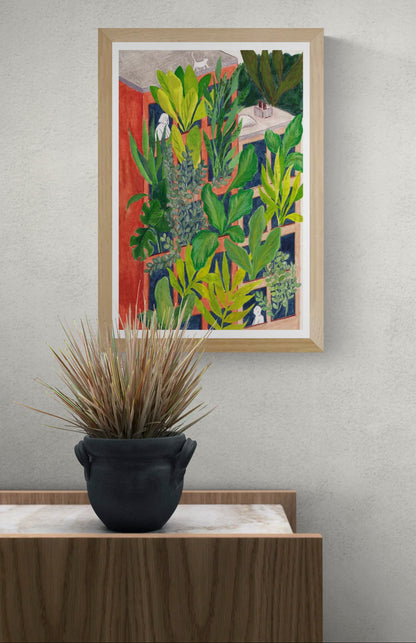 Bloom by Kim Timmermans – botanical illustration of lush green plants surrounding a terracotta building with small white figures at windows, whimsical and vibrant wall art available at Galerie Frits