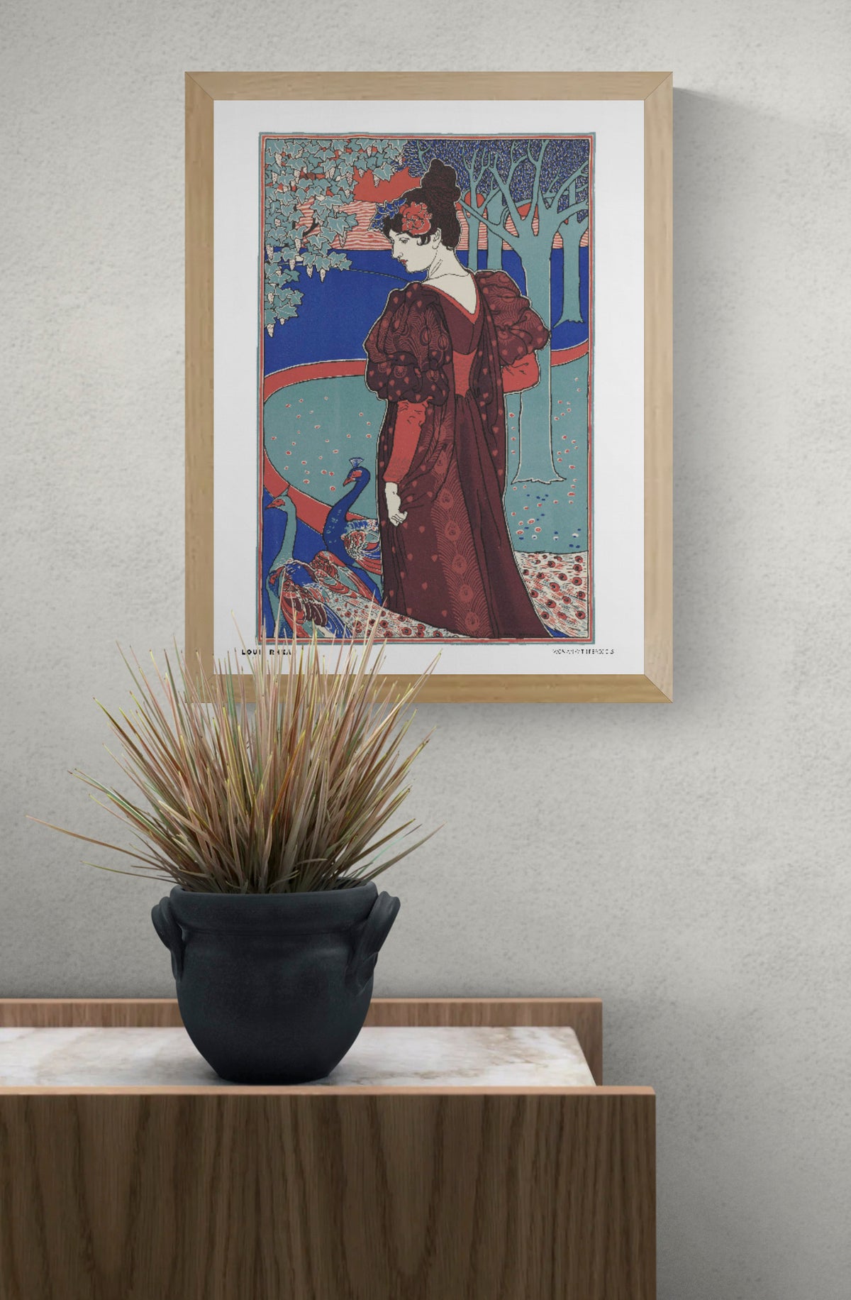 Woman with peacocks by Louis Rhead, vertical Art Nouveau digital print featuring a woman in a burgundy dress with blue peacocks, teal trees and coral details, ideal for decorative wall art.