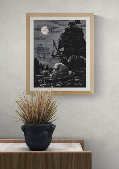 Skull and Bones by Willy Leung, monochrome giclée art print featuring a giant pirate ship, skull in a small boat, and glowing full moon. Dark fantasy illustration in portrait format, ideal for atmospheric wall decor.