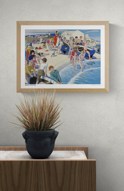 On the Beach at Newlyn by Ernest Procter, colourful British seaside painting with children swimming, families on the sand and blue fishing boats. Horizontal coastal artwork reproduced as a digital wall art print.