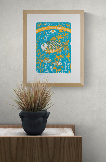 Two-colour screen print by Dennis Dellaert featuring playful orange and turquoise fish swimming among underwater plants, in a retro folk-art style. Vertical 30 × 40 cm wall art for cheerful home decor.