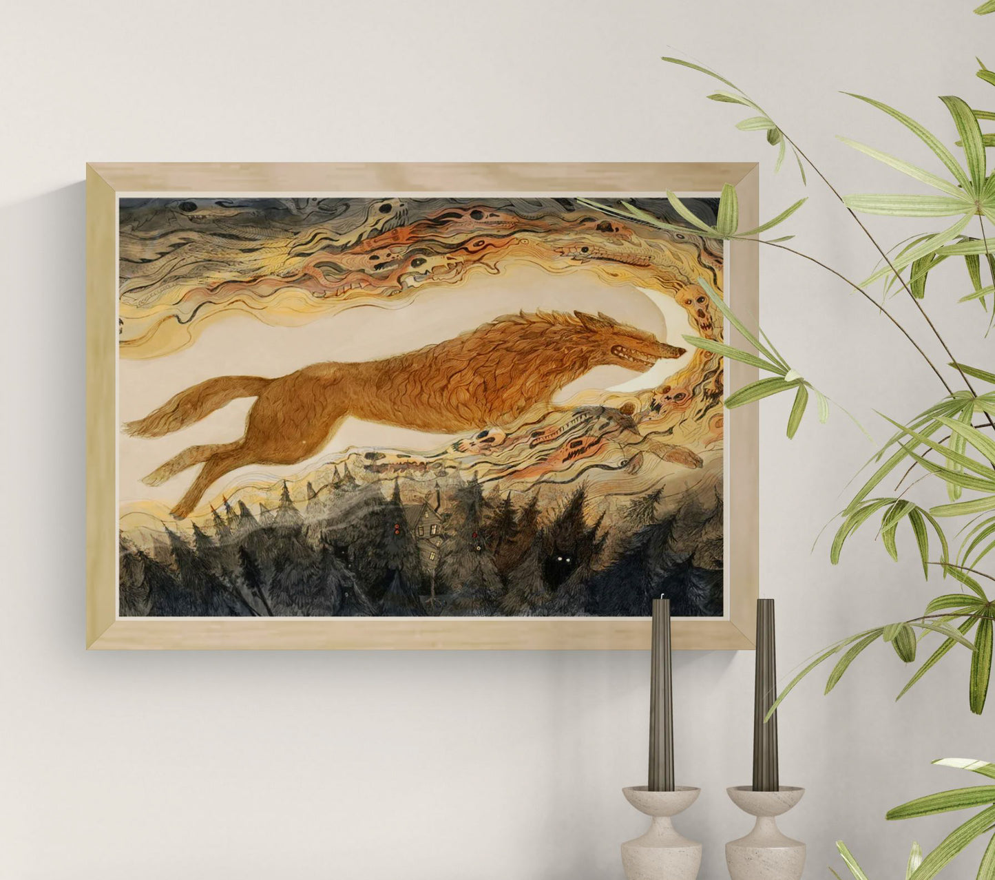 Fantasy art print by Lena Yampolski showing Fenrir the Wolf stealing the moon, surrounded by swirling mythological shapes and a dark forest — atmospheric giclée print for lovers of folklore and fantasy art.