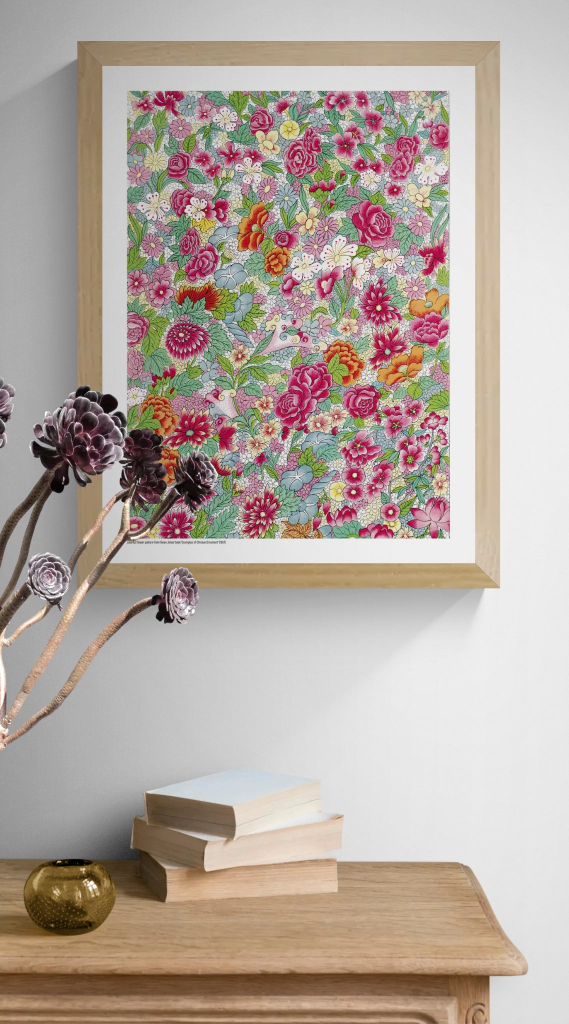 Chinese Flower Pattern by Owen Jones featuring dense pink, red, orange, blue and green flowers and leaves in an ornate Chinese-inspired decorative style, vertical digital print for colorful wall decor.