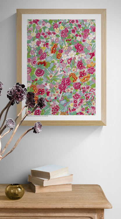 Chinese Flower Pattern by Owen Jones featuring dense pink, red, orange, blue and green flowers and leaves in an ornate Chinese-inspired decorative style, vertical digital print for colorful wall decor.