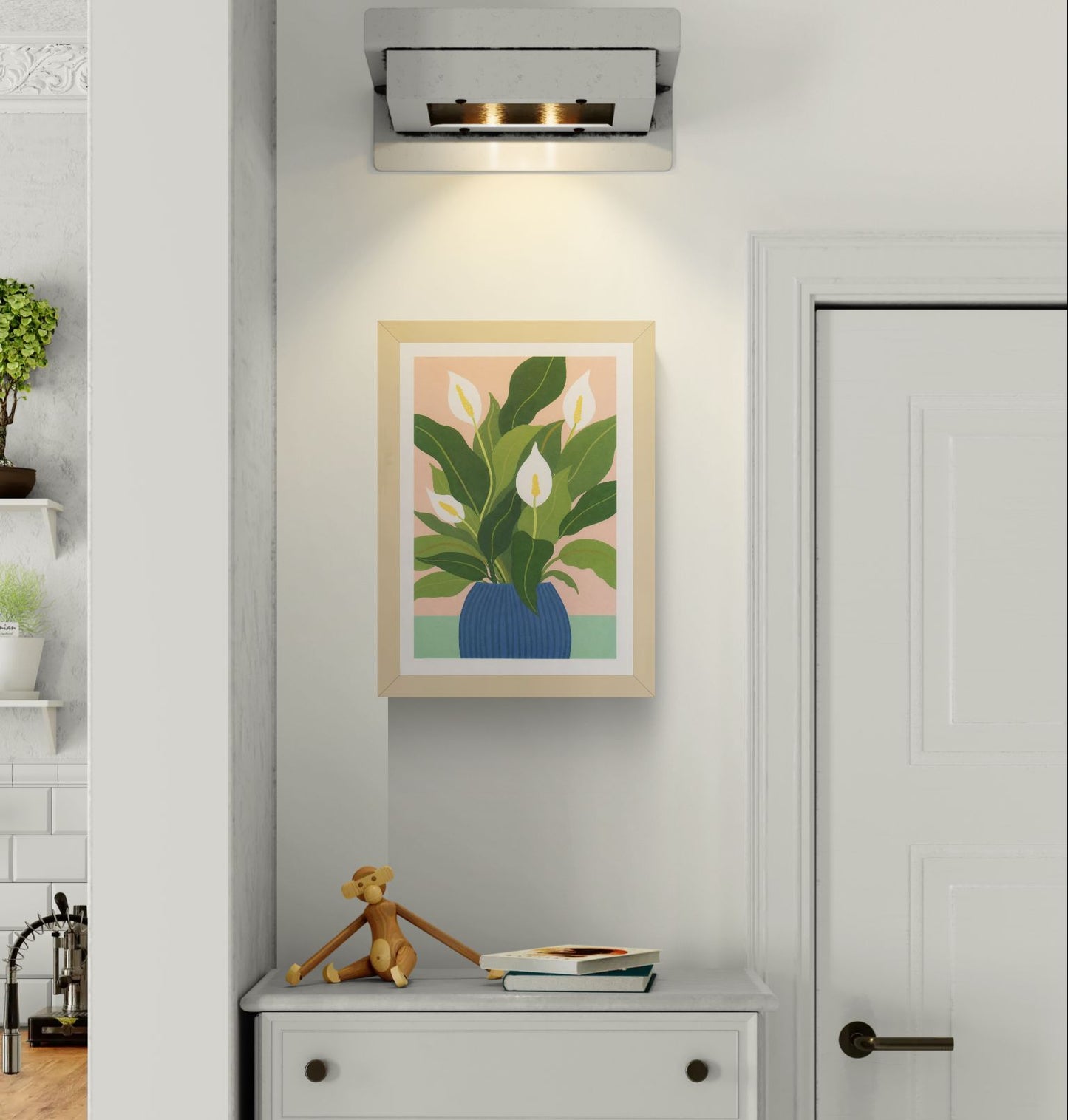 Peace Lilly botanical art print by Leen De Pelseneer featuring white peace lily flowers and large green leaves in a blue vase on a soft pink background, contemporary A4 digital wall art print.