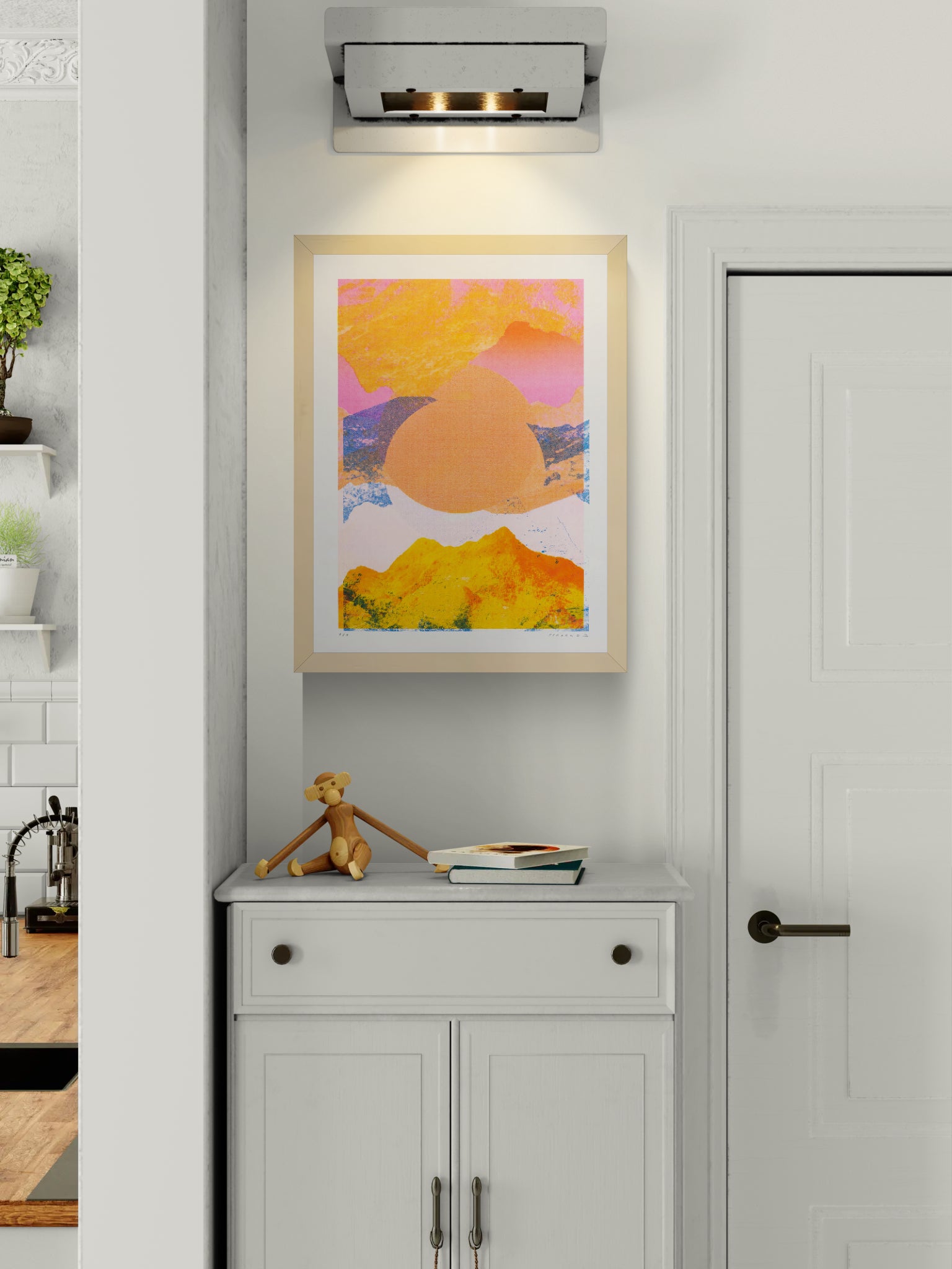Fragments 4.0 by PTRVRKD, vertical risograph mountain landscape in vivid orange, pink, yellow and blue with layered collage textures, bold contemporary wall art for modern interiors.