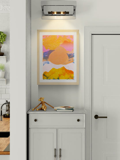 Fragments 4.0 by PTRVRKD, vertical risograph mountain landscape in vivid orange, pink, yellow and blue with layered collage textures, bold contemporary wall art for modern interiors.