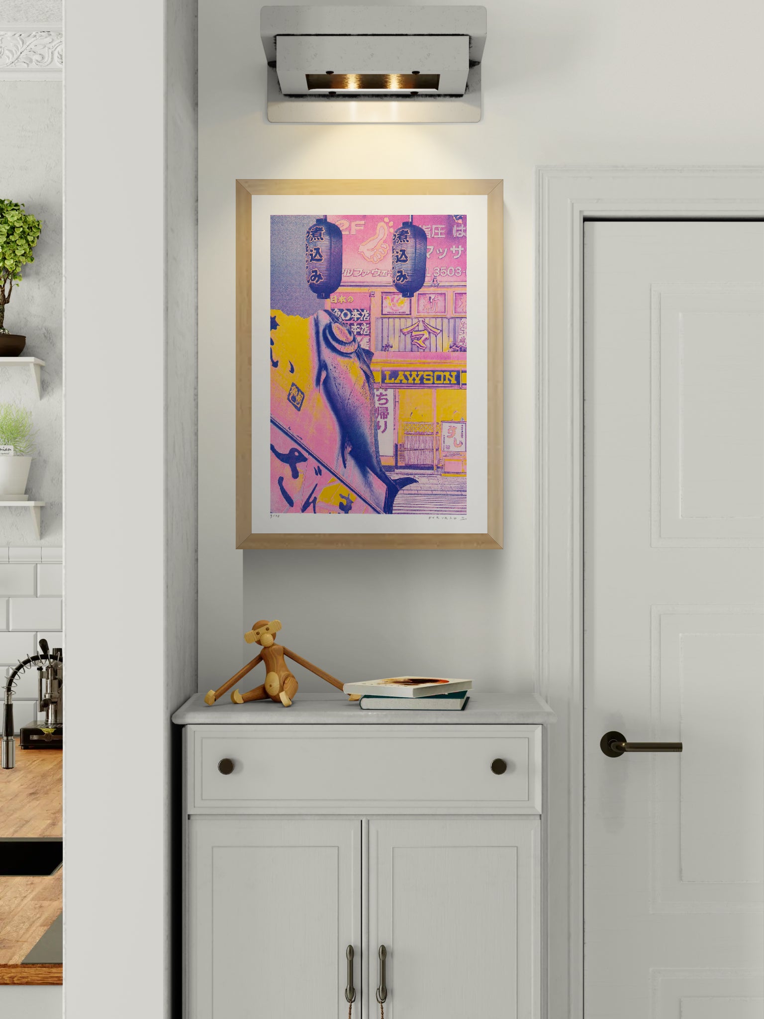 A3 risograph collage print of a surreal Tokyo street scene with fish and lanterns by PTRVRKD, handmade in bold pink, blue, and yellow tones.