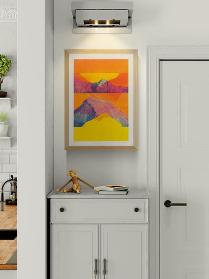 Mountain Landscape - Komodo by PTRVRKD, vertical A3 risograph print featuring layered mountains in vivid orange, yellow, pink and blue, ideal as colourful contemporary wall art.