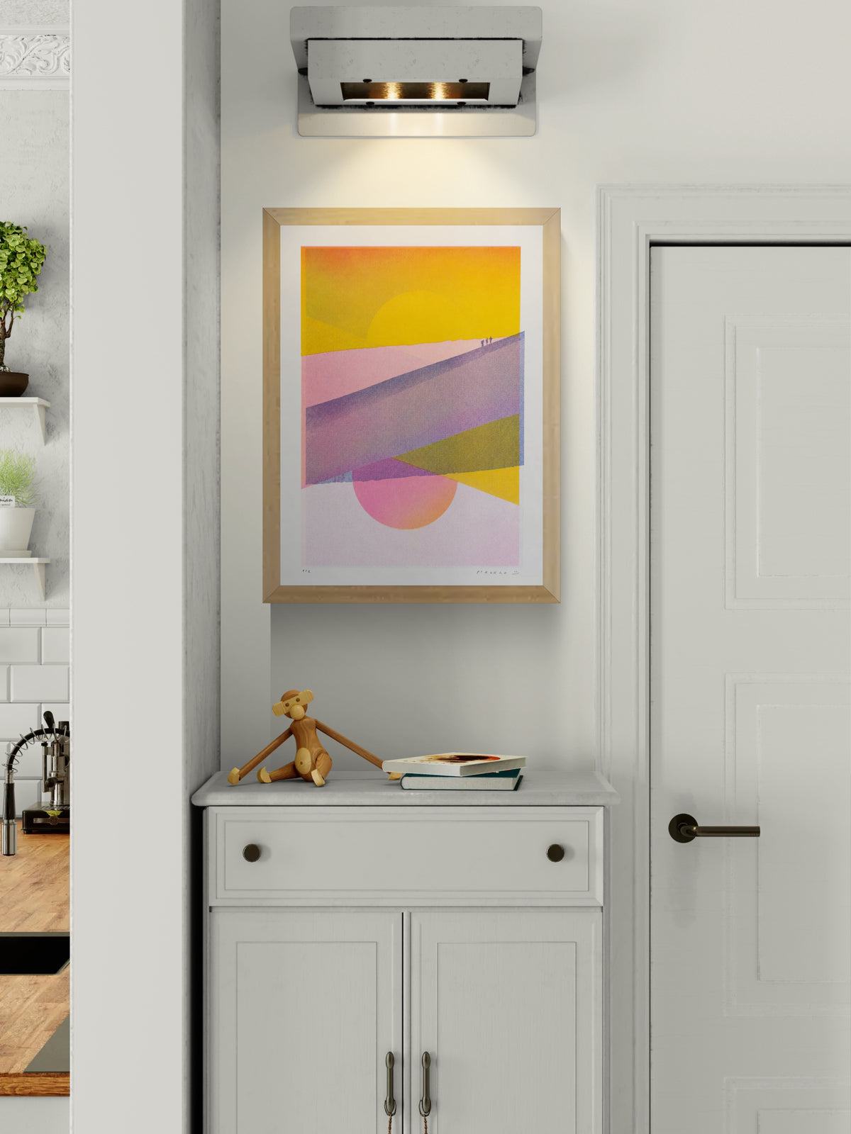 Dune Landscape - Two Suns by PTRVRKD, vertical A3 risograph print with yellow suns, pink dunes, violet hills and tiny figures, ideal as colourful contemporary wall art.