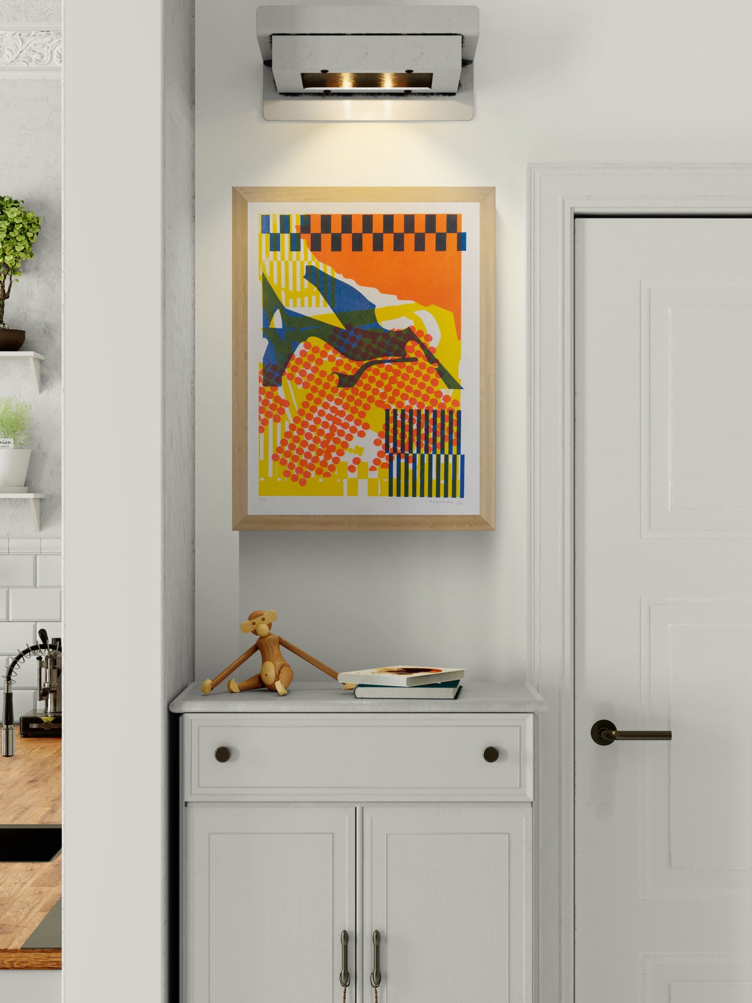 Colorful Collage 3 by PTRVRKD, vertical A3 risograph print with layered orange, yellow, blue and dark green abstract shapes, graphic patterns and bold contemporary color for modern wall decor.