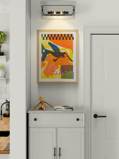 Colorful Collage 3 by PTRVRKD, vertical A3 risograph print with layered orange, yellow, blue and dark green abstract shapes, graphic patterns and bold contemporary color for modern wall decor.