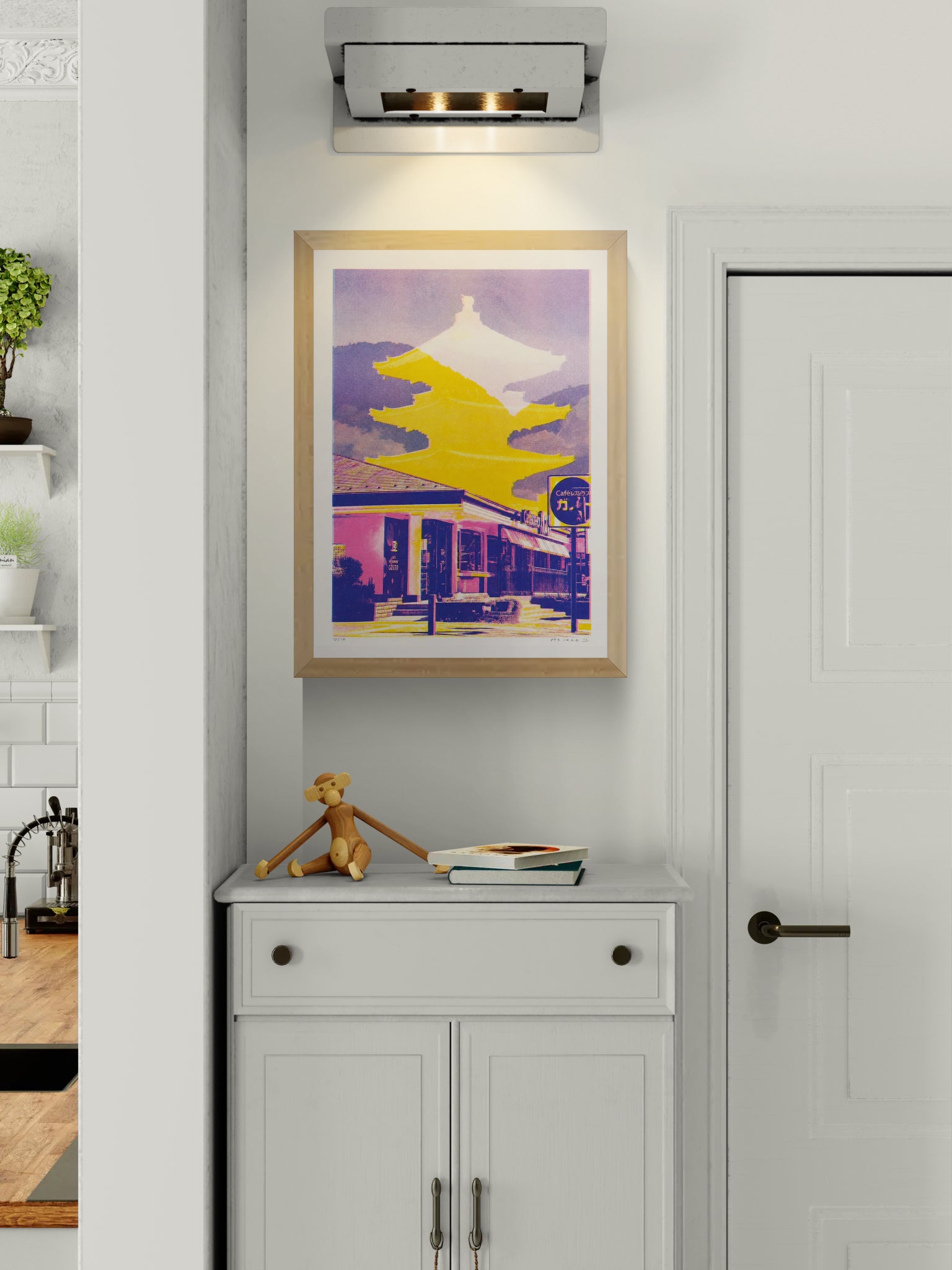 Portrait Risograph art print by PTRVRKD showing a layered Kyoto street scene and Japanese temple silhouettes in bright yellow, pink and violet, designed as colorful wall decor for modern interiors.