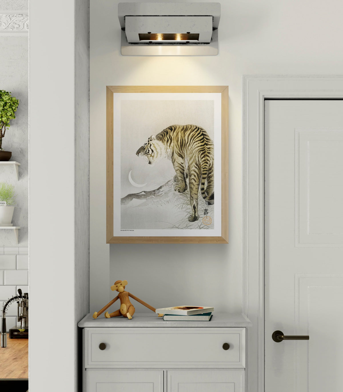 Roaring tiger by Ohara Koson beneath a white crescent moon, Japanese-style vertical digital print in muted beige, black and grey tones for wildlife wall art and home decor.