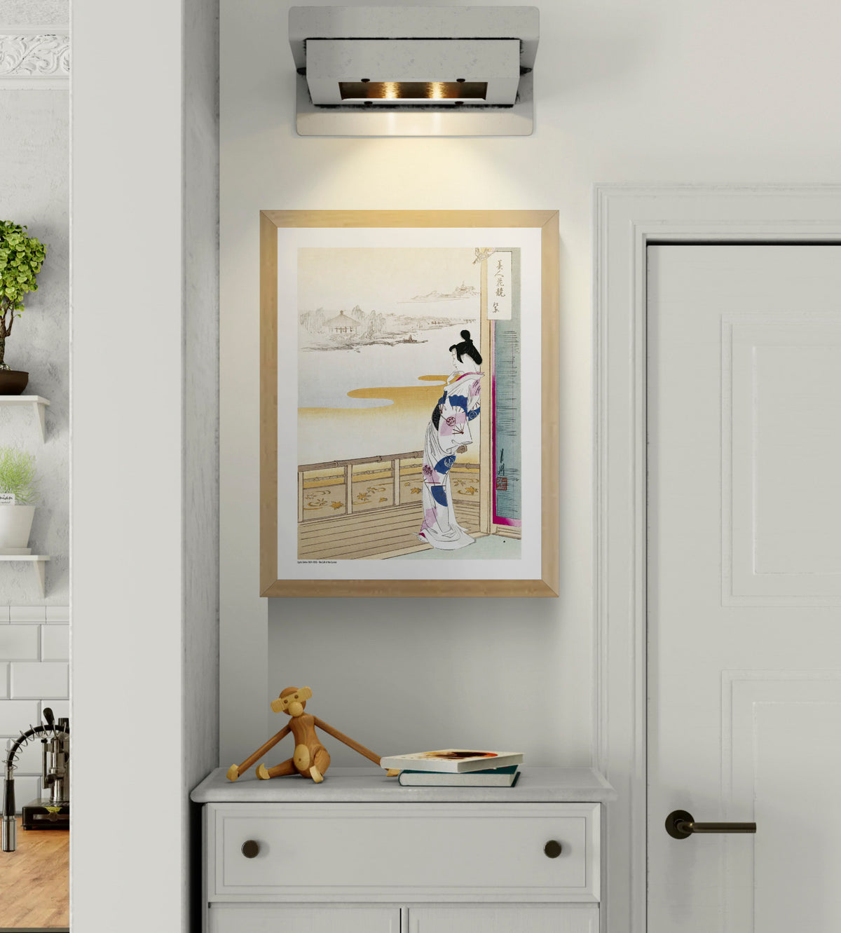 Ogata Gekko Japanese digital print showing a woman in kimono standing on a veranda overlooking a soft riverside landscape, with pale blue, pink and ochre tones in vertical format for elegant wall decor.