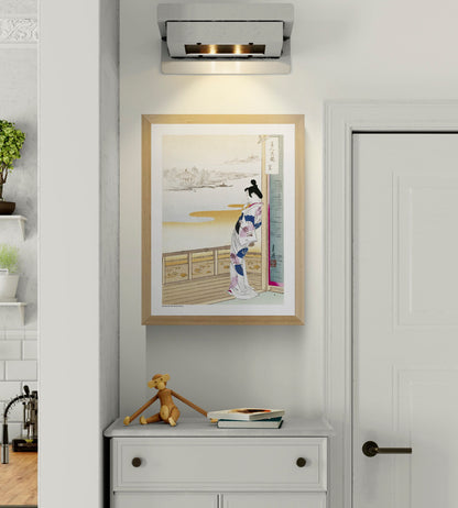 Ogata Gekko Japanese digital print showing a woman in kimono standing on a veranda overlooking a soft riverside landscape, with pale blue, pink and ochre tones in vertical format for elegant wall decor.