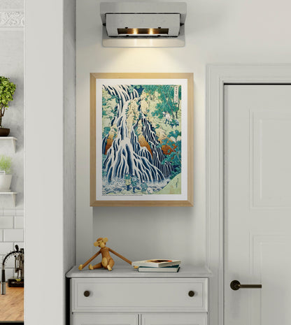 Kirifuri Falls at Mount Kurokami by Katsushika Hokusai, vertical Japanese ukiyo-e digital print with cascading white water, deep blue, green and ochre tones, ideal as statement wall art.