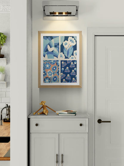 Four Plant Form Compositions by André Durenceau, portrait botanical design with geometric flowers and patterns in blue, turquoise, coral and cream, reproduced as a digital print for colorful wall decor.