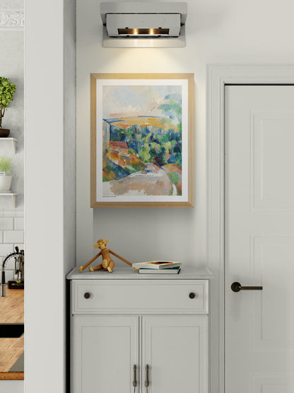 The Bend in the Road by Paul Cézanne, vertical Post-Impressionist landscape in blue, green, orange and soft earth tones, reproduced as a digital wall art print for colourful home decor.