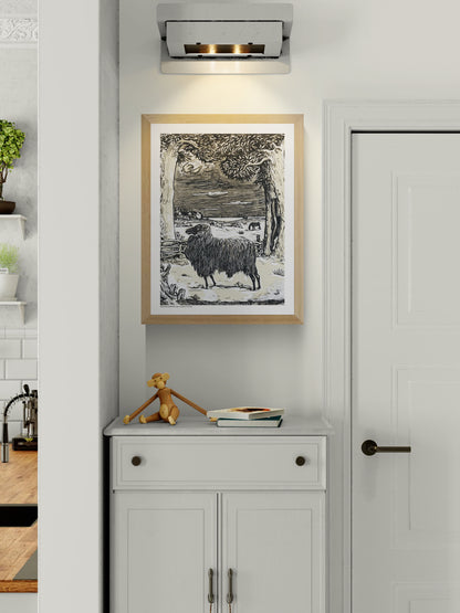 Sheep standing beneath two large trees in a rural landscape by Richard Roland Holst, black and cream vintage line illustration, vertical digital print for rustic and eclectic wall decor.