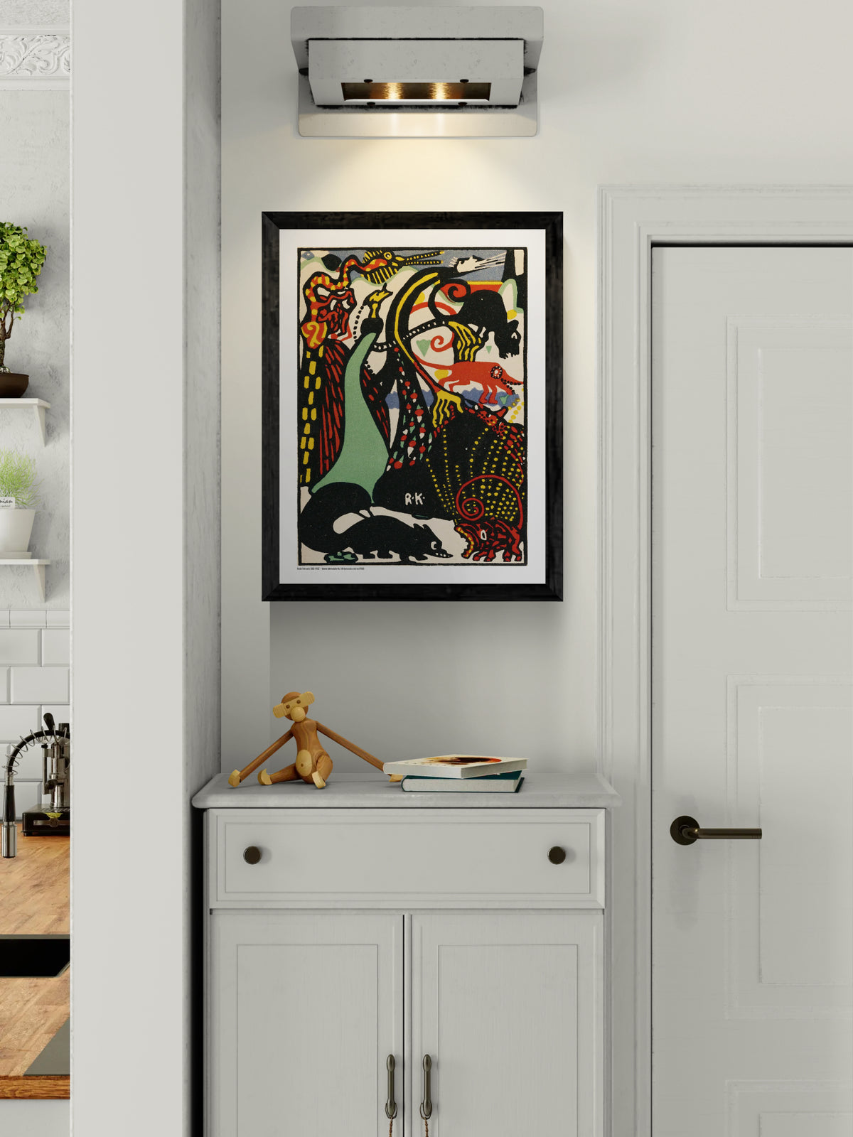 Humoristic Motive by Rudolf Kalvach, vertical Wiener Werkstätte digital print with stylised animals, bold black forms, red, yellow, mint and blue, ideal as colourful statement wall art.