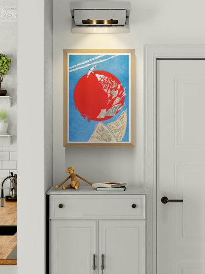 The Wind Rises by Téo Transinne, vertical risograph illustration with a red sun, small plane, flying papers and textured blue sky, colourful wall art for modern interiors.