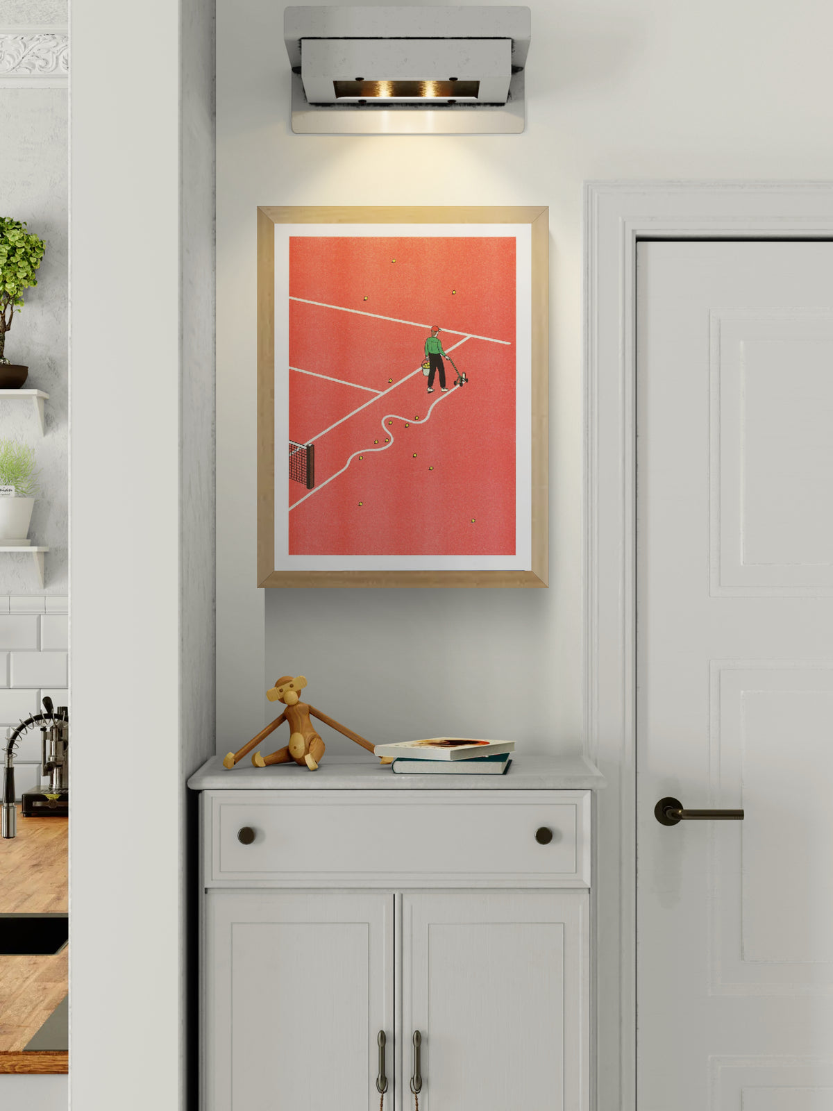 Simon Bailly Tennis A3 Risograph print showing a tennis court worker marking white lines across a bold red court with scattered yellow balls, vertical contemporary wall art.