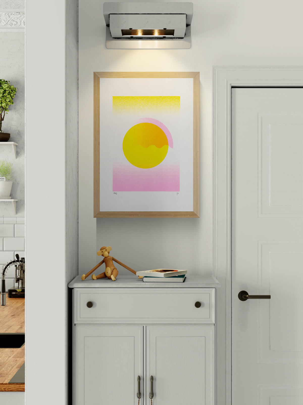 Yellow Gradient by PLUMO, vertical A3 hand-pulled screenprint with abstract geometric circles and blocks in bright yellow, orange and soft pink, ideal as colourful contemporary wall art.