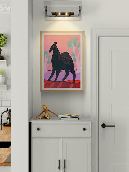 Whimsical illustration titled Beest 3 by Louise de Meester, depicting a mysterious dark creature with red eyes and subtle fur texture, set against a surreal pink and lavender landscape with dreamlike turquoise trees