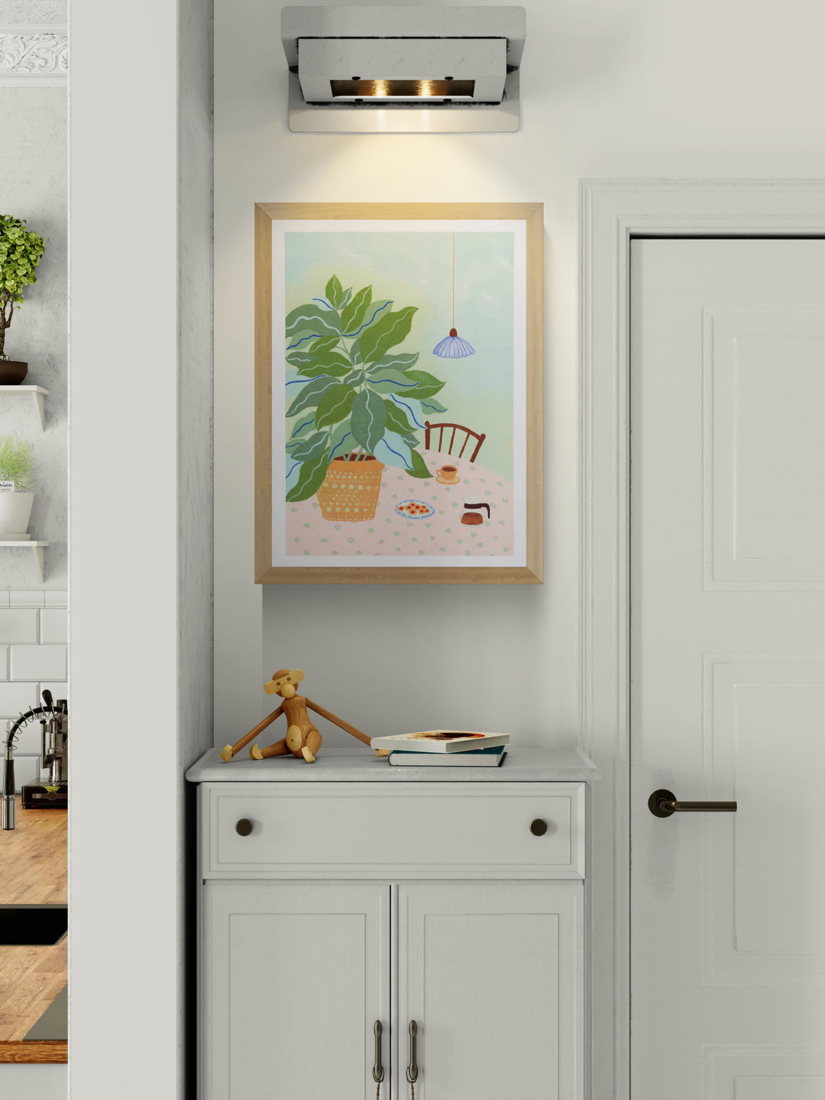 A3 illustration "Coffee Plant" by Leens showing a large leafy plant in a yellow pot, a table with a pink floral cloth, coffee cup, cookies, and carafe. Ideal for cozy kitchen or slow living decor.