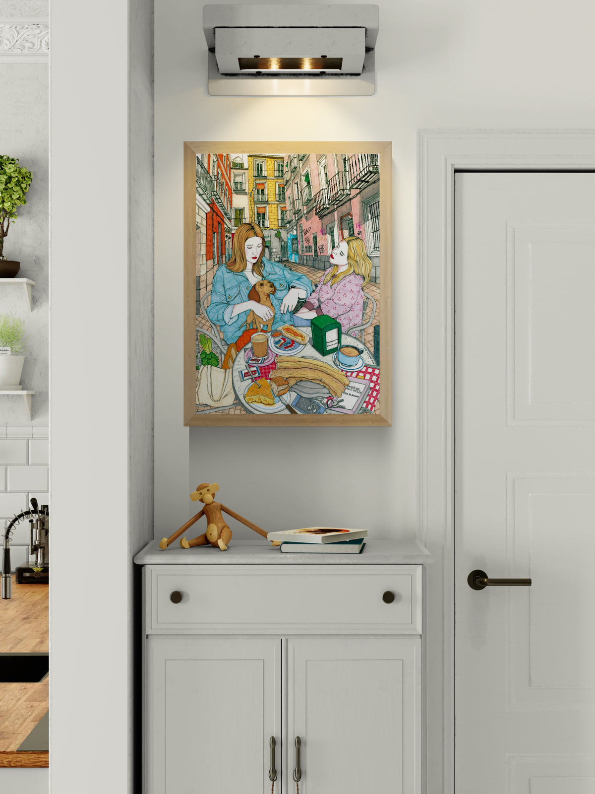 Colourful art print by Spanish illustrator Ana Jarén showing two women enjoying a typical Madrid breakfast with churros, coffee and pastries in the lively Malasaña neighbourhood – 29.7 x 42 cm, perfect wall art to bring Spanish charm to your home.