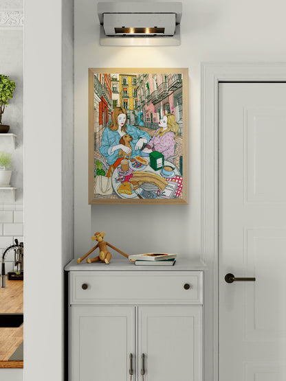 Colourful art print by Spanish illustrator Ana Jarén showing two women enjoying a typical Madrid breakfast with churros, coffee and pastries in the lively Malasaña neighbourhood – 29.7 x 42 cm, perfect wall art to bring Spanish charm to your home.