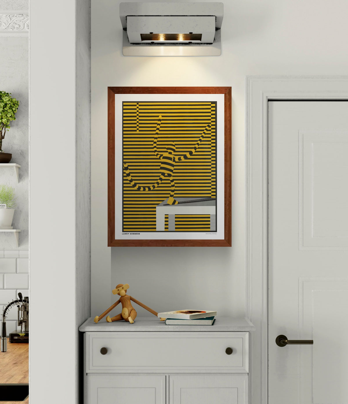 Natural Forces by Lanny Sommese, vertical optical art poster featuring a dynamic striped figure in yellow and black against horizontal lines, with a grey geometric platform. Bold graphic wall art for modern interiors.