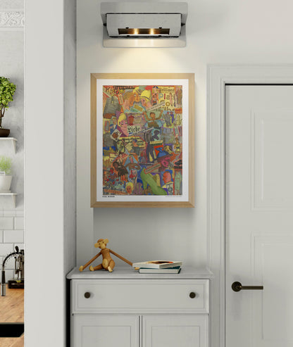 Aus Kultur- Und Geisteswelt by Karl Wiener, a colorful vertical vintage collage featuring 1920s advertisements, illustrated figures, bold typography, and layered paper textures. Digital art print for eclectic wall decor.